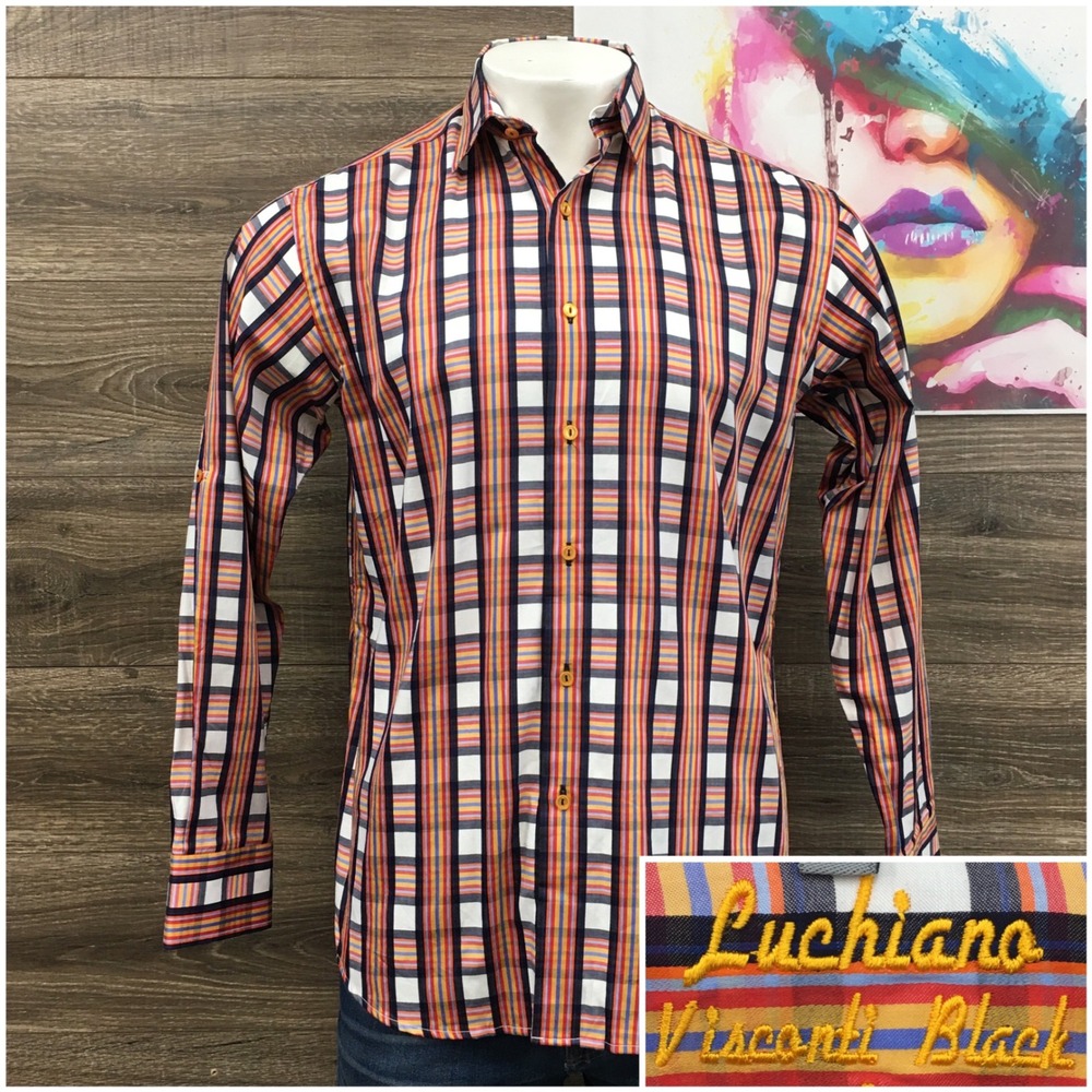 Luchiano‎ Visconti Black Mens Multicolor Plaid Long Sleeve Button Down Shirt M